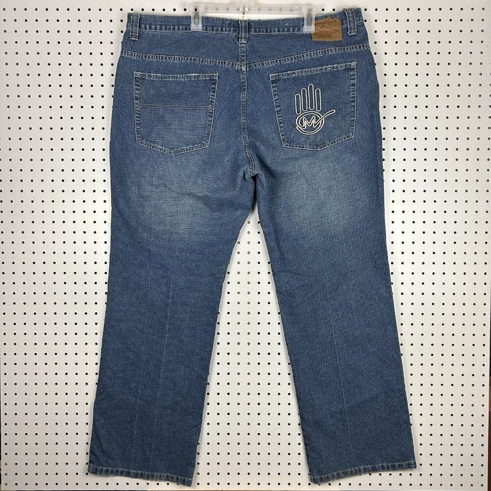Miskeen Blue Y2K Baggy Jeans 42x34 Logo Stitched Streetwear Skate Wide Leg Denim
